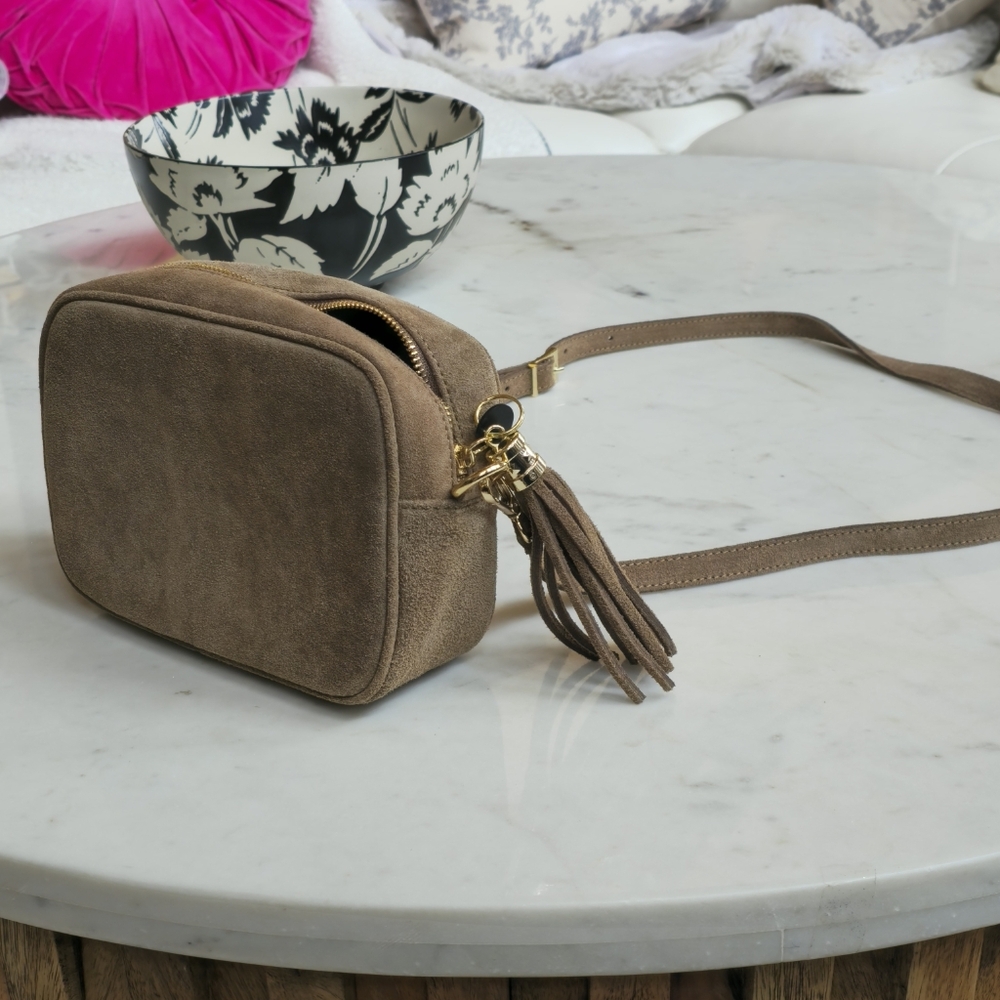 Etsy Taupe Suede Crossbody Handbag with Tassle & Shoulder Strap